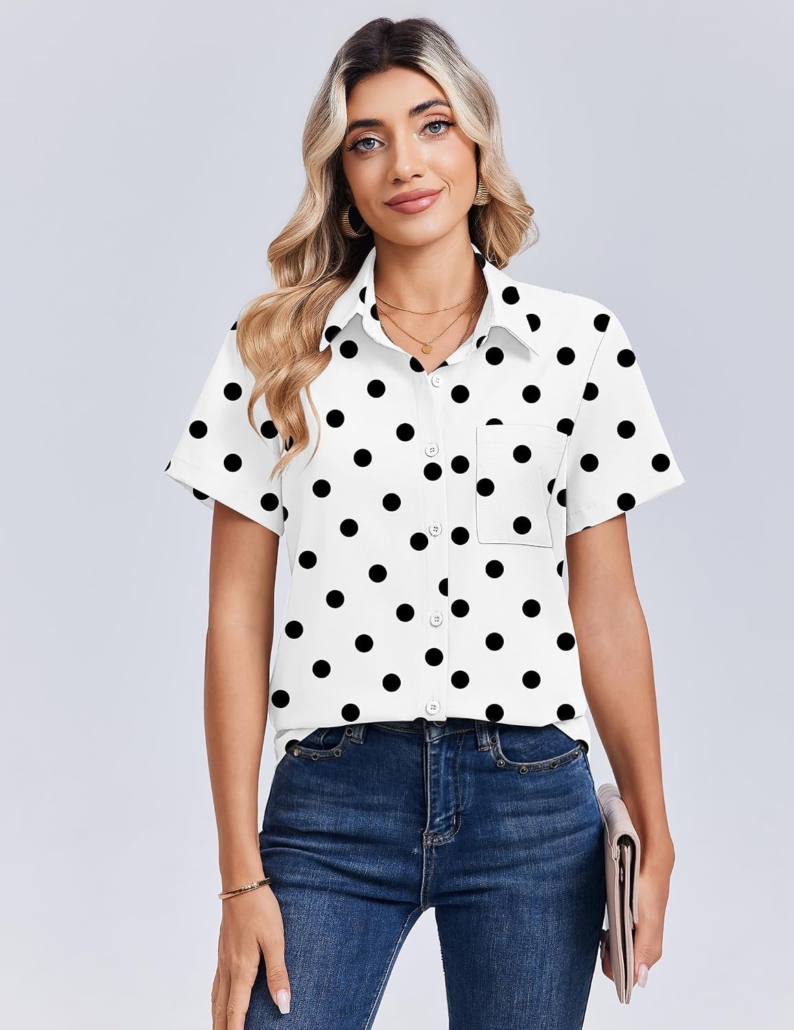 image:imageZeagoo Summer Tops for Women Short Sleeve Button Down Shirt V Neck BlousePolka Dots