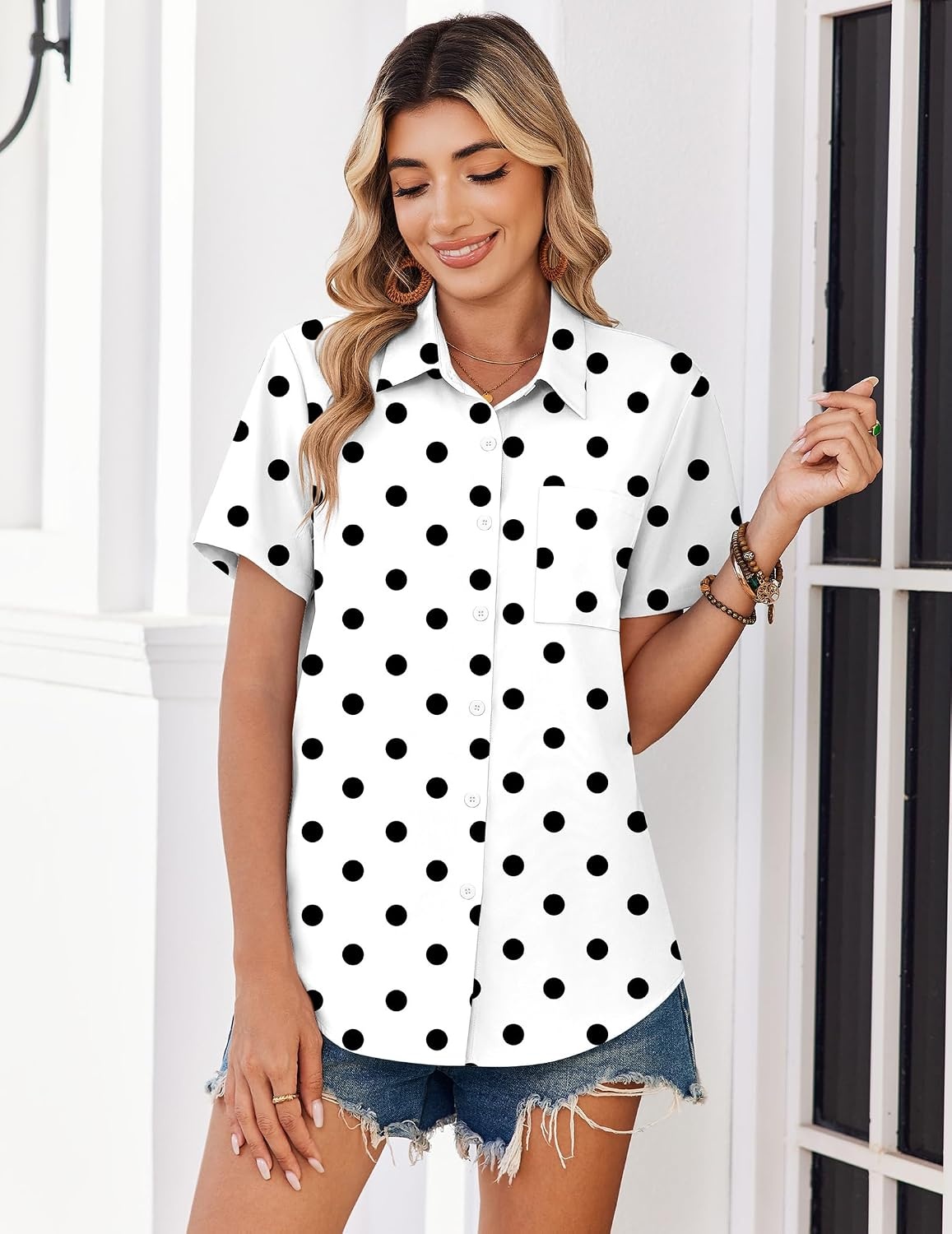 image:imageZeagoo Summer Tops for Women Short Sleeve Button Down Shirt V Neck BlousePolka Dots