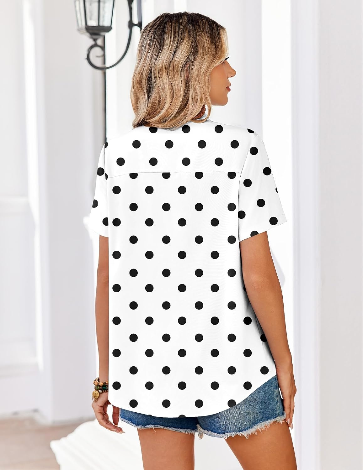 image:imageZeagoo Summer Tops for Women Short Sleeve Button Down Shirt V Neck BlousePolka Dots