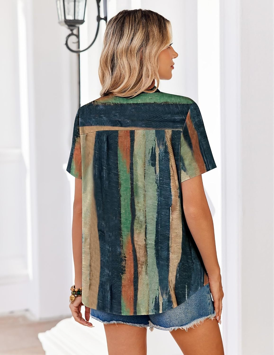 image:imageZeagoo Summer Tops for Women Short Sleeve Button Down Shirt V Neck BlouseTiedye Stripes