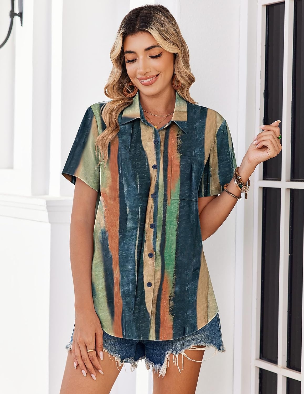 image:imageZeagoo Summer Tops for Women Short Sleeve Button Down Shirt V Neck BlouseTiedye Stripes