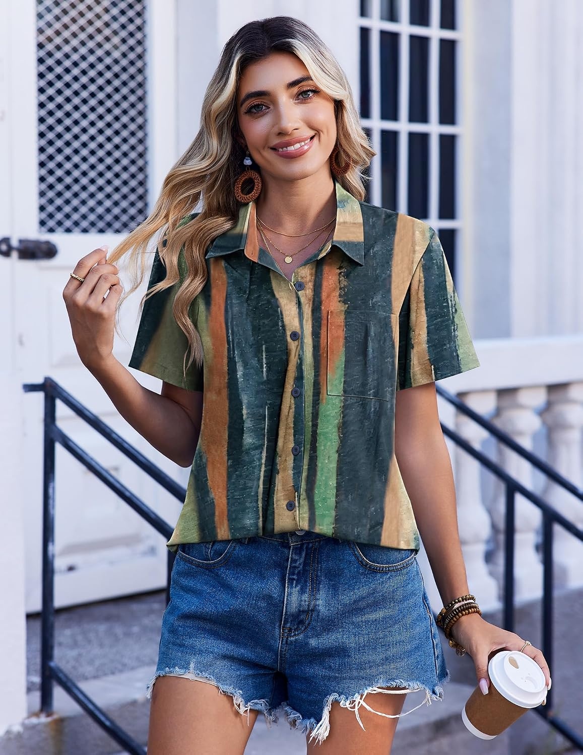 image:imageZeagoo Summer Tops for Women Short Sleeve Button Down Shirt V Neck BlouseTiedye Stripes