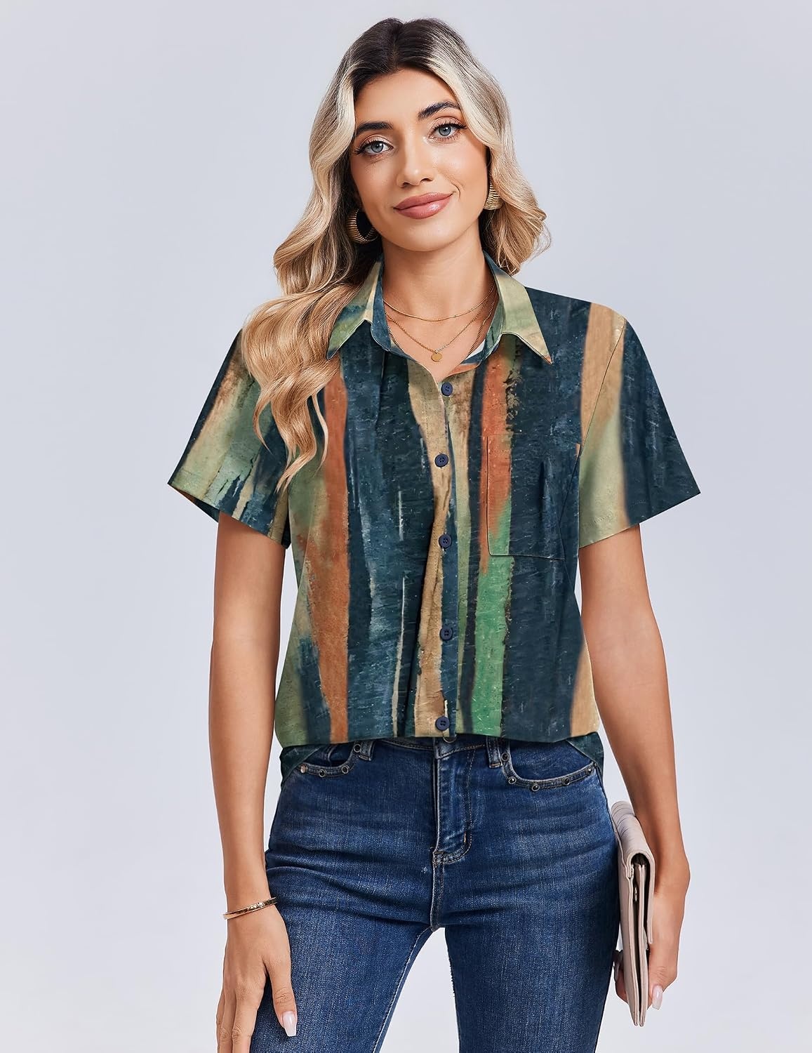 image:imageZeagoo Summer Tops for Women Short Sleeve Button Down Shirt V Neck BlouseTiedye Stripes