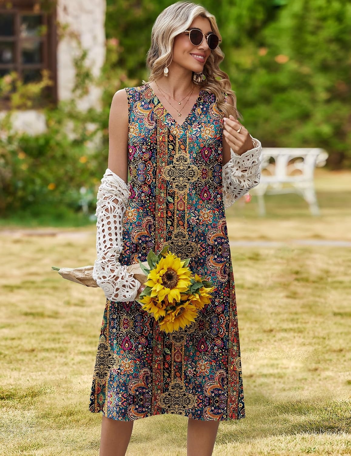 image:imageZeagoo Sundresses Dresses for Women 2026 Summer Sleeveless V Neck Casual Midi Tank Beach Vacation Dresses with Pockets01mz721