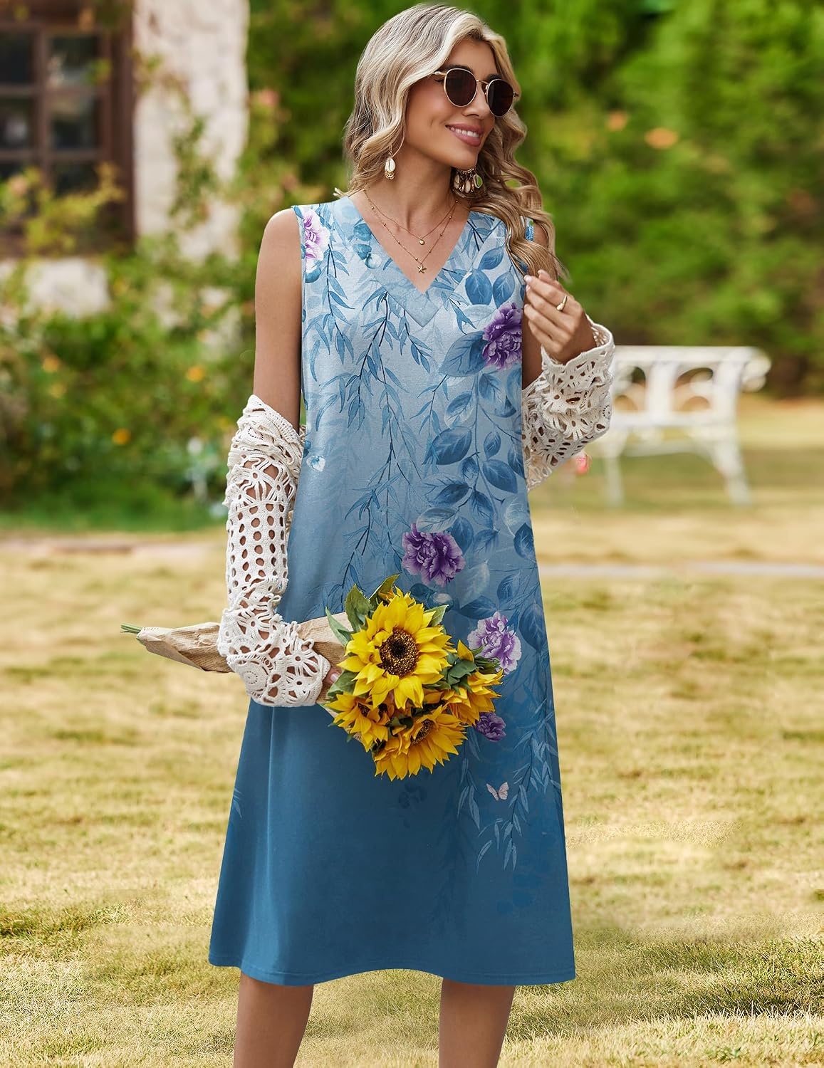 image:imageZeagoo Sundresses Dresses for Women 2026 Summer Sleeveless V Neck Casual Midi Tank Beach Vacation Dresses with PocketsBf171