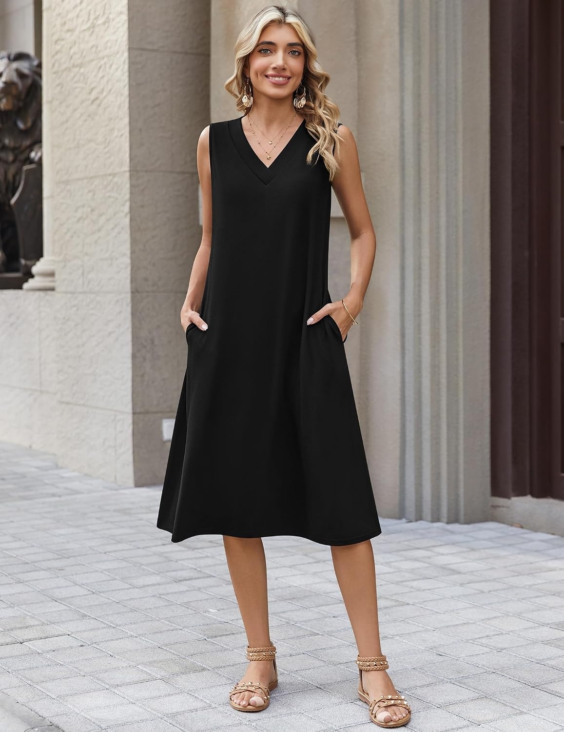 image:imageZeagoo Sundresses Dresses for Women 2026 Summer Sleeveless V Neck Casual Midi Tank Beach Vacation Dresses with PocketsBlack