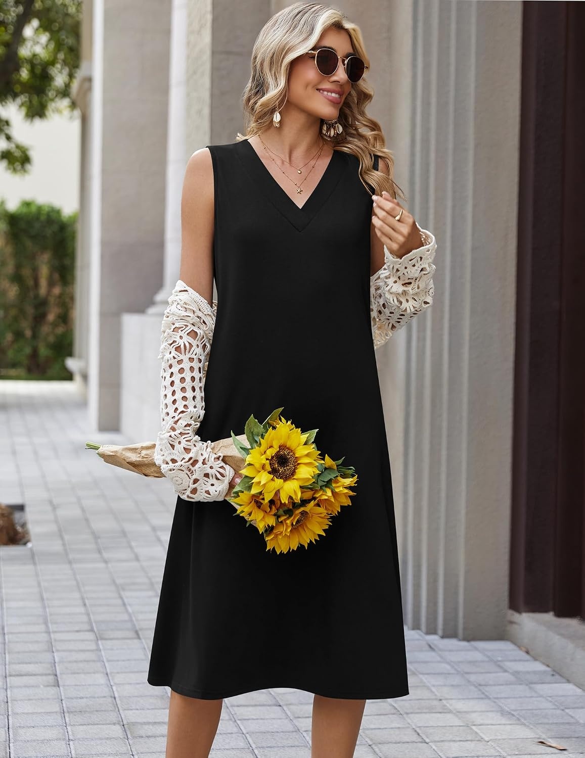 image:imageZeagoo Sundresses Dresses for Women 2026 Summer Sleeveless V Neck Casual Midi Tank Beach Vacation Dresses with PocketsBlack