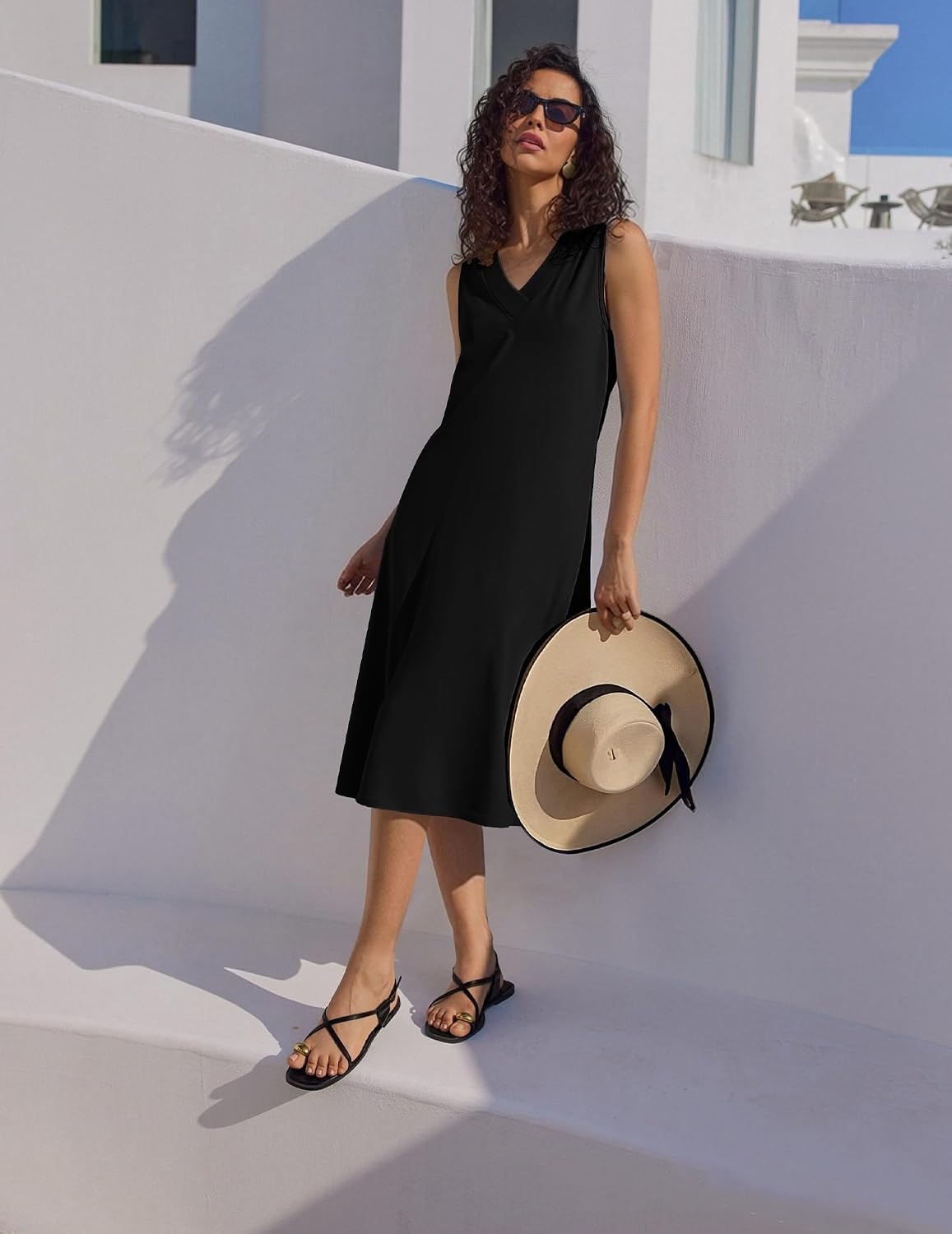image:imageZeagoo Sundresses Dresses for Women 2026 Summer Sleeveless V Neck Casual Midi Tank Beach Vacation Dresses with PocketsBlack