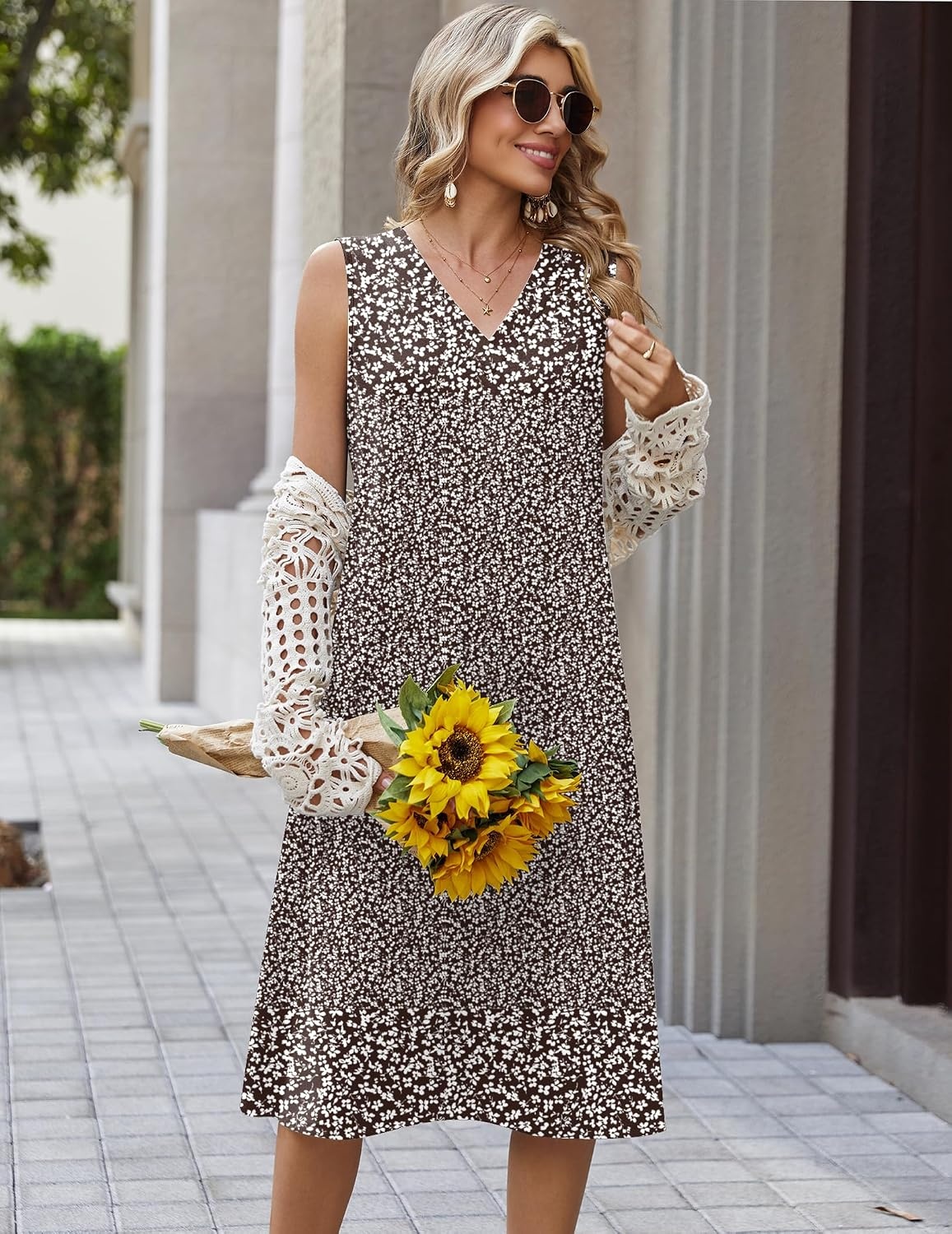 image:imageZeagoo Sundresses Dresses for Women 2026 Summer Sleeveless V Neck Casual Midi Tank Beach Vacation Dresses with PocketsBrown Dot