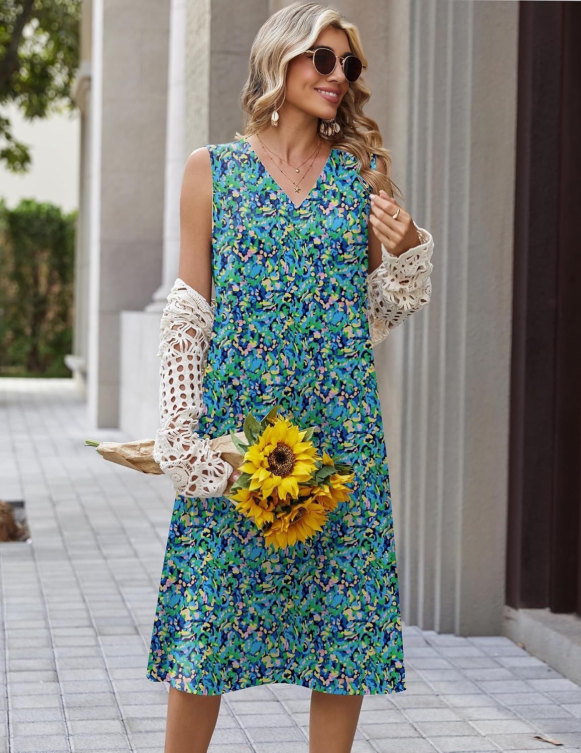 image:imageZeagoo Sundresses Dresses for Women 2026 Summer Sleeveless V Neck Casual Midi Tank Beach Vacation Dresses with PocketsGreen 2