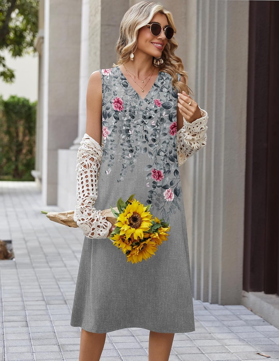 image:imageZeagoo Sundresses Dresses for Women 2026 Summer Sleeveless V Neck Casual Midi Tank Beach Vacation Dresses with PocketsHf42