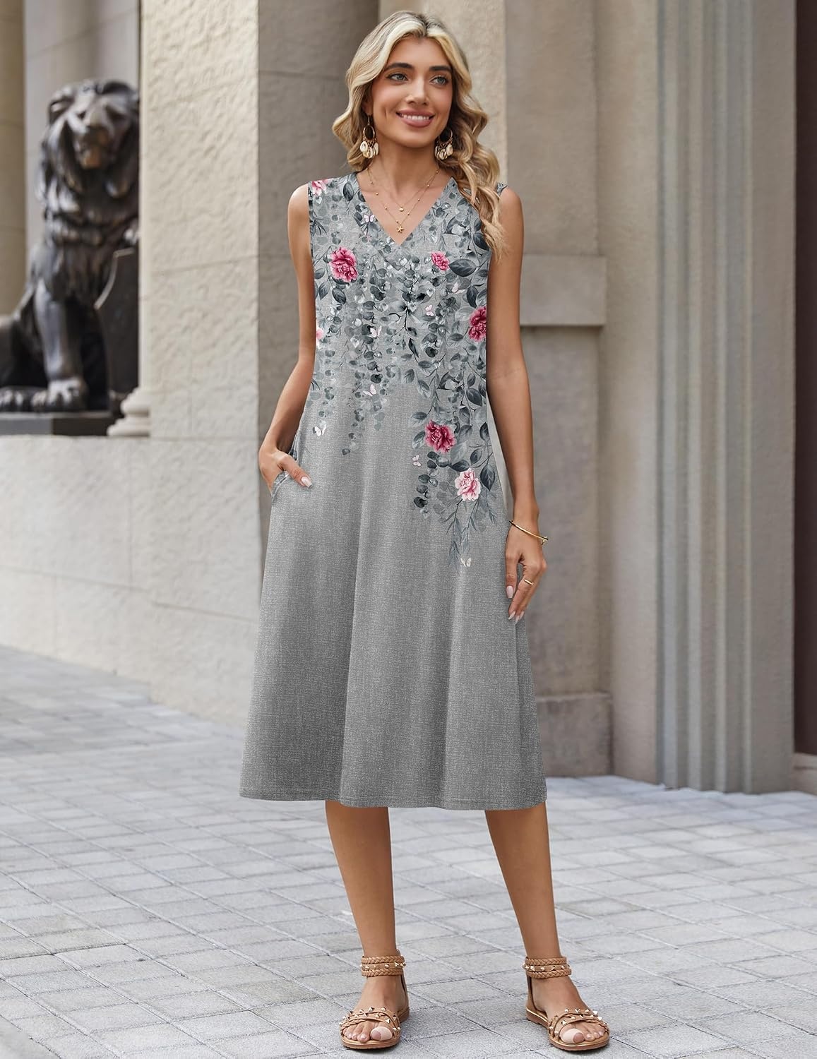image:imageZeagoo Sundresses Dresses for Women 2026 Summer Sleeveless V Neck Casual Midi Tank Beach Vacation Dresses with PocketsHf42
