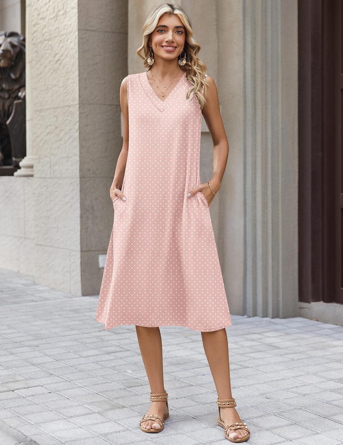 image:imageZeagoo Sundresses Dresses for Women 2026 Summer Sleeveless V Neck Casual Midi Tank Beach Vacation Dresses with PocketsJh1