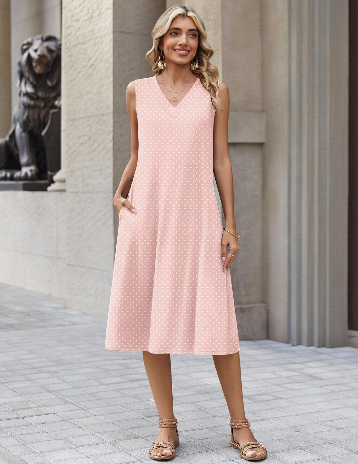 image:imageZeagoo Sundresses Dresses for Women 2026 Summer Sleeveless V Neck Casual Midi Tank Beach Vacation Dresses with PocketsJh1