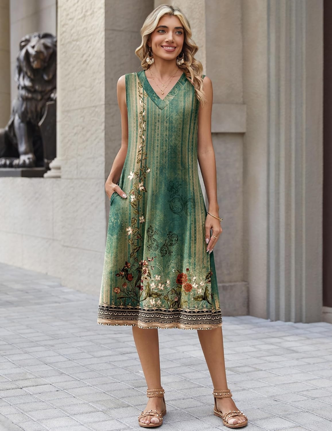 image:imageZeagoo Sundresses Dresses for Women 2026 Summer Sleeveless V Neck Casual Midi Tank Beach Vacation Dresses with PocketsMz840
