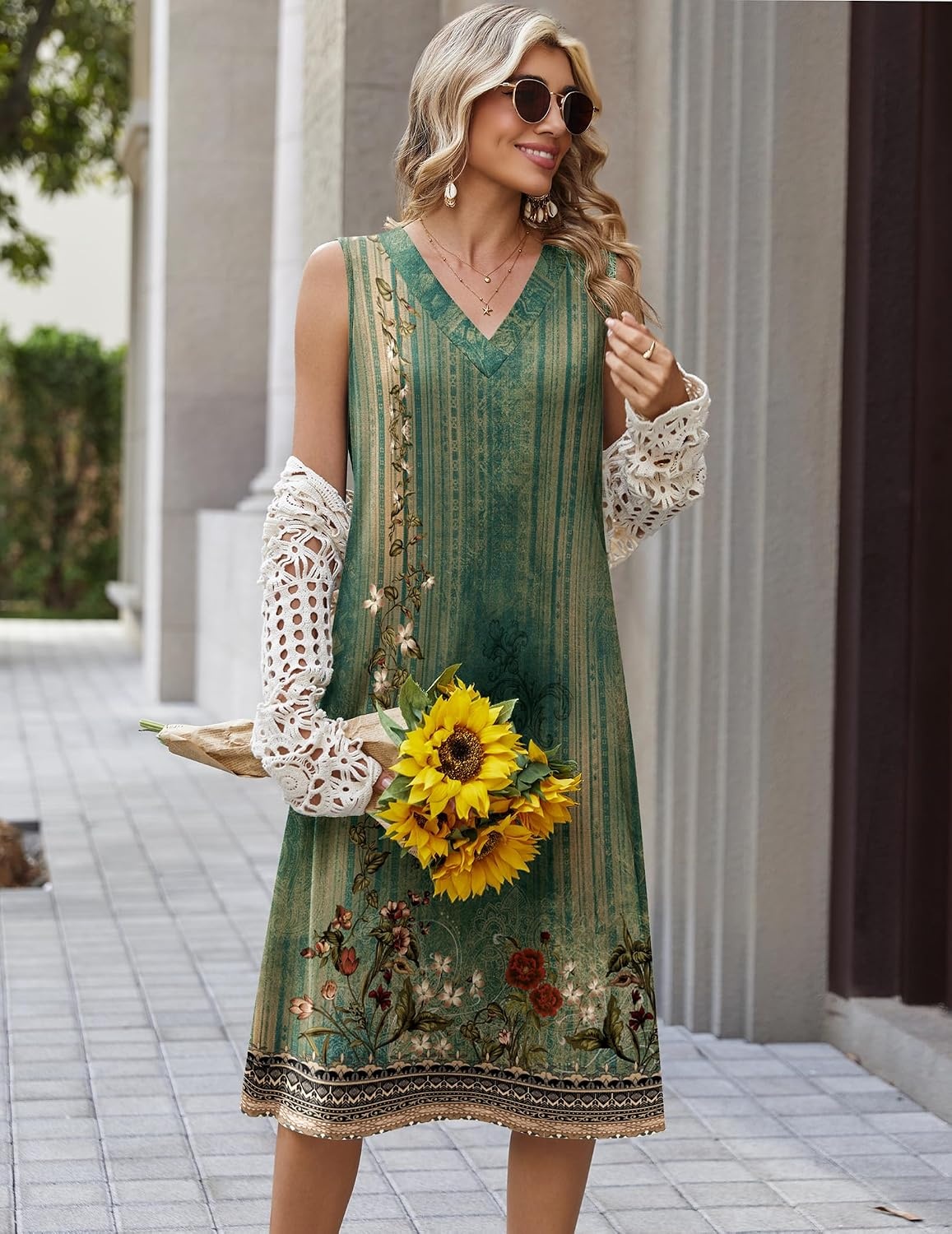 image:imageZeagoo Sundresses Dresses for Women 2026 Summer Sleeveless V Neck Casual Midi Tank Beach Vacation Dresses with PocketsMz840