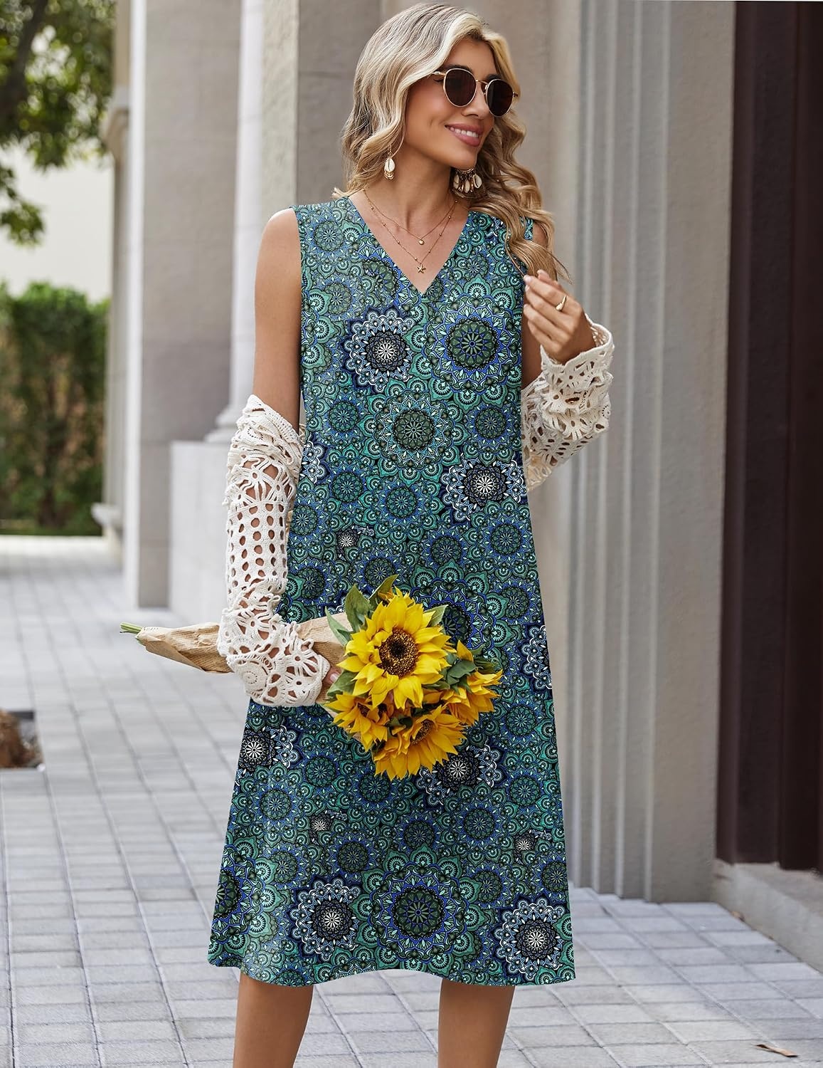 image:imageZeagoo Sundresses Dresses for Women 2026 Summer Sleeveless V Neck Casual Midi Tank Beach Vacation Dresses with PocketsMz911