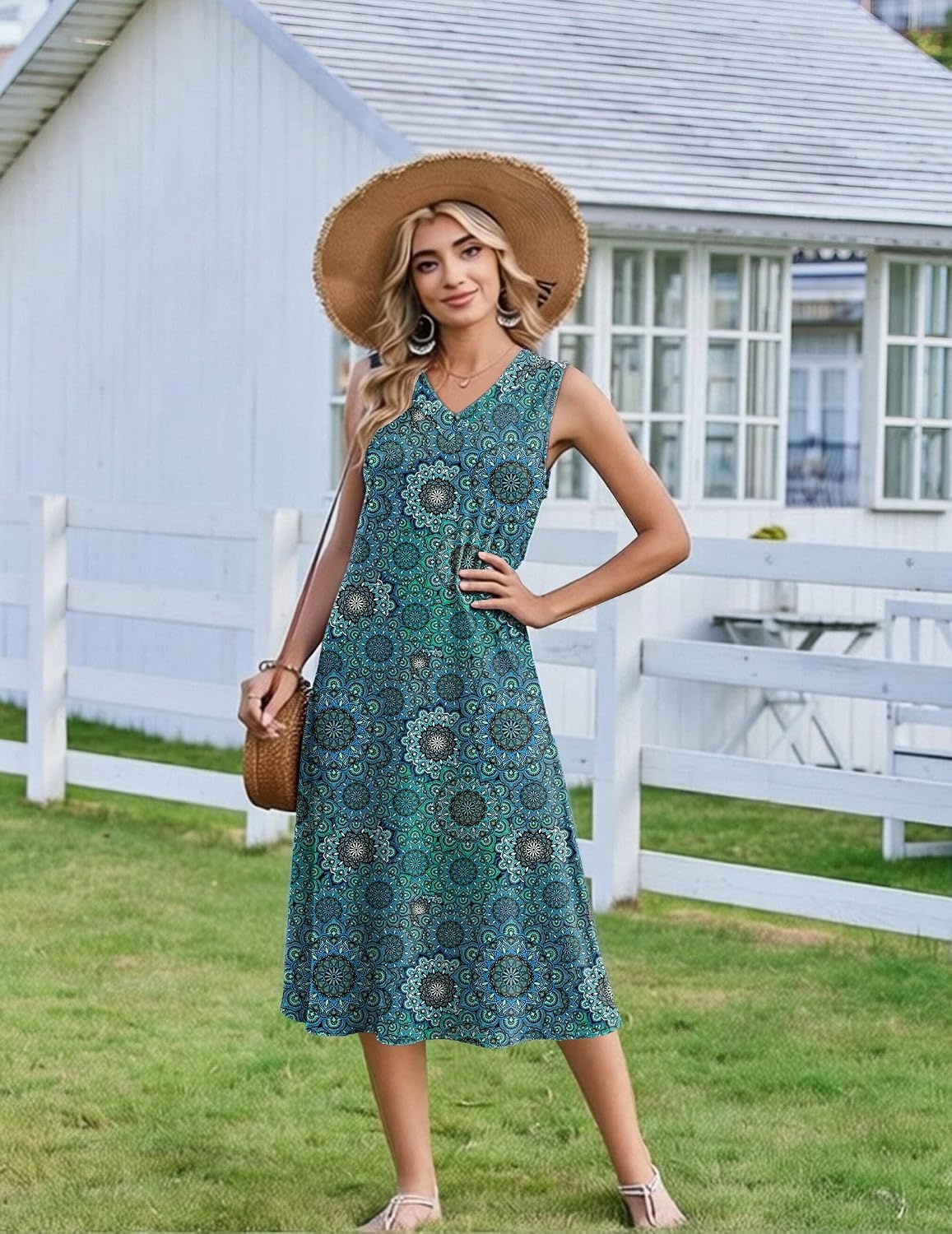 image:imageZeagoo Sundresses Dresses for Women 2026 Summer Sleeveless V Neck Casual Midi Tank Beach Vacation Dresses with PocketsMz911