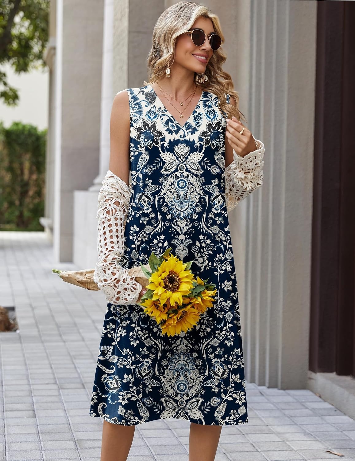 image:imageZeagoo Sundresses Dresses for Women 2026 Summer Sleeveless V Neck Casual Midi Tank Beach Vacation Dresses with PocketsMz924