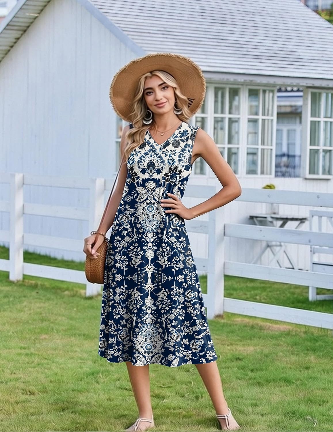 image:imageZeagoo Sundresses Dresses for Women 2026 Summer Sleeveless V Neck Casual Midi Tank Beach Vacation Dresses with PocketsMz924