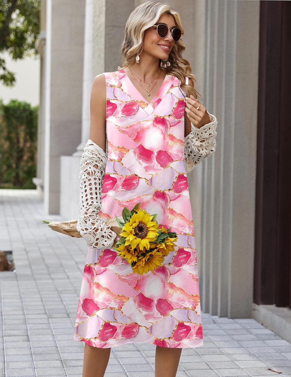 image:imageZeagoo Sundresses Dresses for Women 2026 Summer Sleeveless V Neck Casual Midi Tank Beach Vacation Dresses with PocketsPink 2