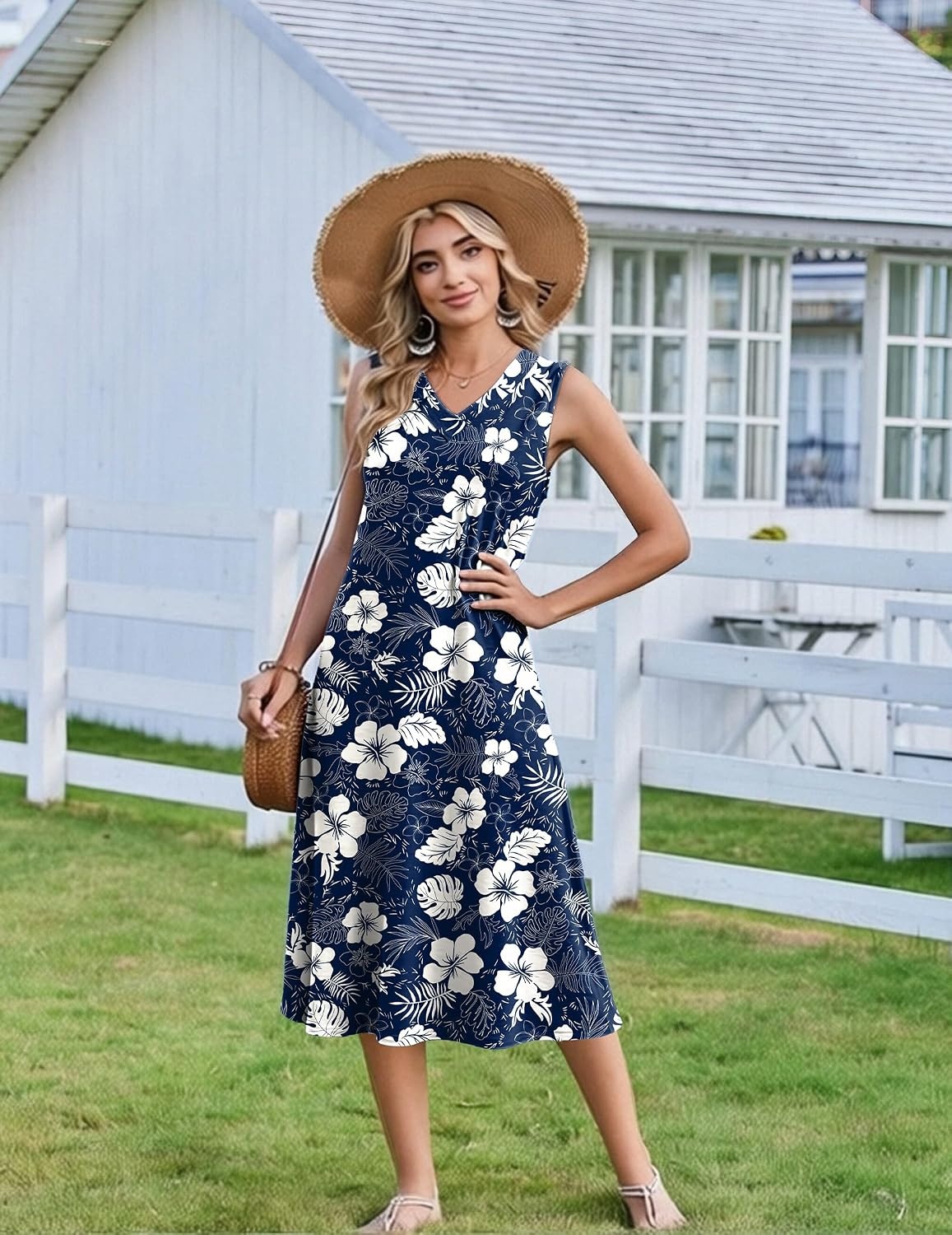 image:imageZeagoo Sundresses Dresses for Women 2026 Summer Sleeveless V Neck Casual Midi Tank Beach Vacation Dresses with PocketsSf157