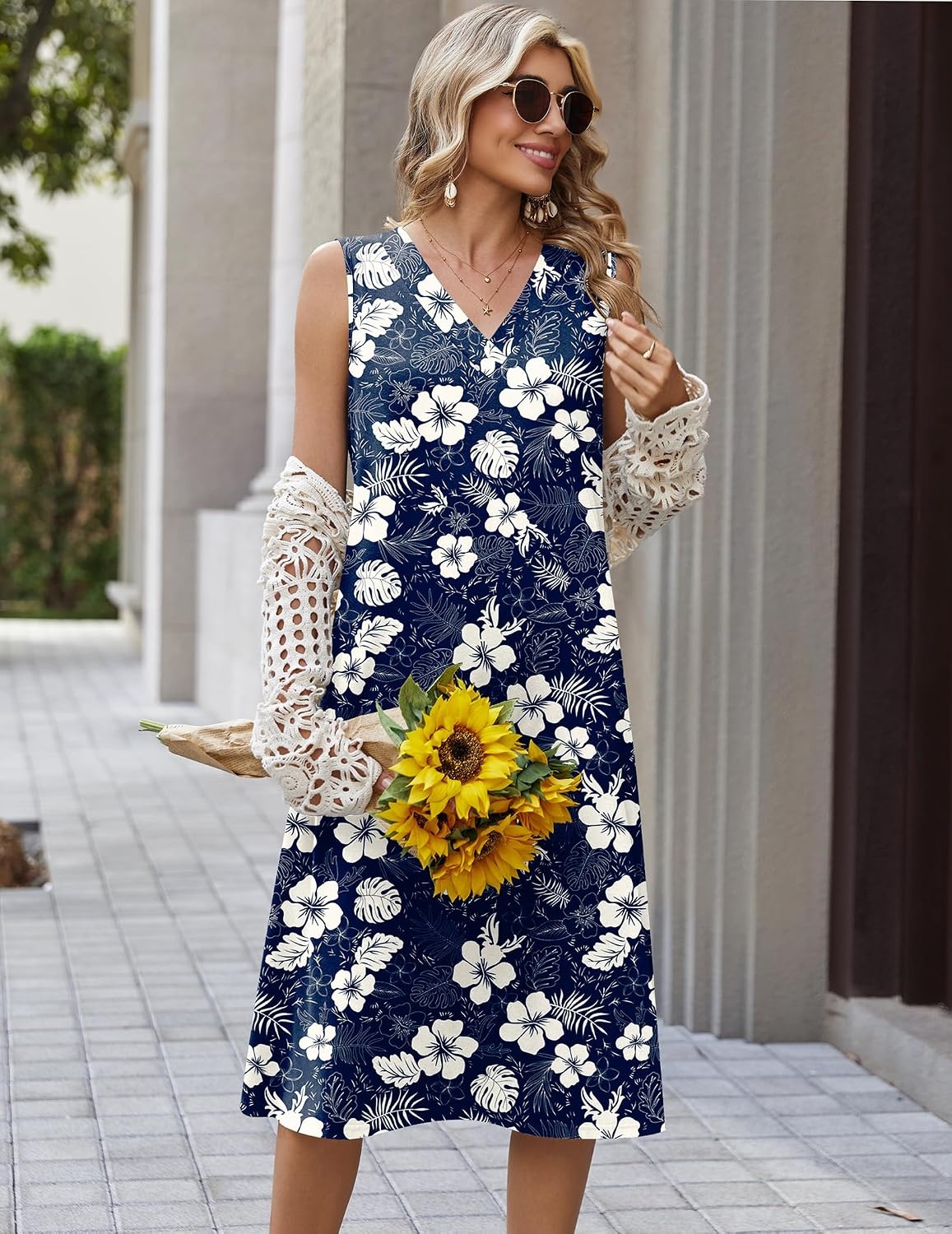 image:imageZeagoo Sundresses Dresses for Women 2026 Summer Sleeveless V Neck Casual Midi Tank Beach Vacation Dresses with PocketsSf157