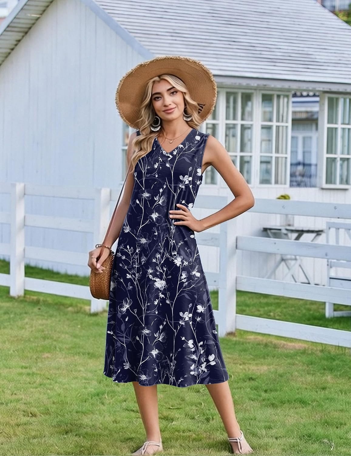 image:imageZeagoo Sundresses Dresses for Women 2026 Summer Sleeveless V Neck Casual Midi Tank Beach Vacation Dresses with PocketsSf180