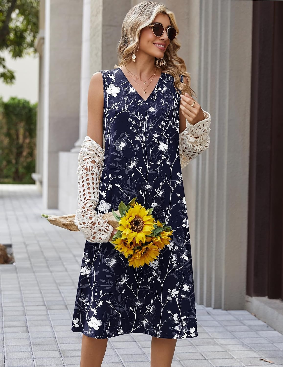 image:imageZeagoo Sundresses Dresses for Women 2026 Summer Sleeveless V Neck Casual Midi Tank Beach Vacation Dresses with PocketsSf180