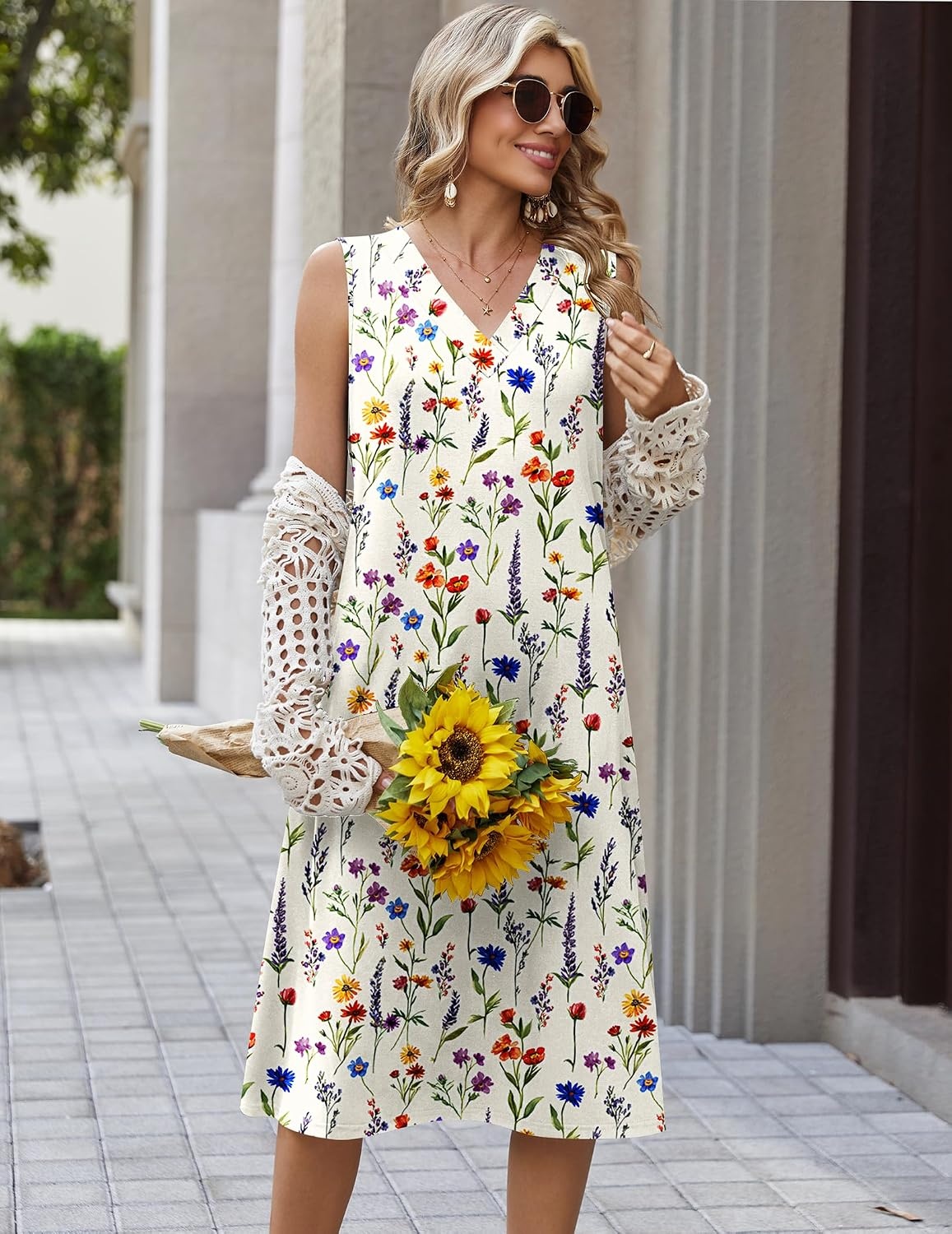 image:imageZeagoo Sundresses Dresses for Women 2026 Summer Sleeveless V Neck Casual Midi Tank Beach Vacation Dresses with PocketsWf109