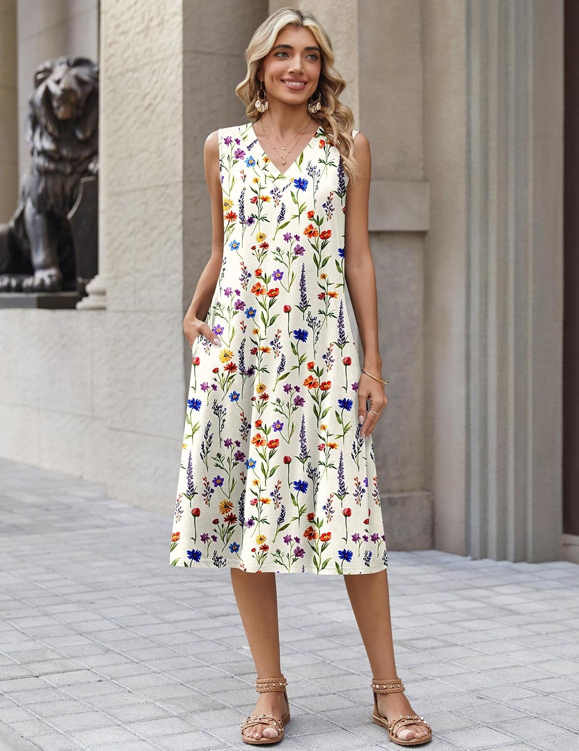 image:imageZeagoo Sundresses Dresses for Women 2026 Summer Sleeveless V Neck Casual Midi Tank Beach Vacation Dresses with PocketsWf109