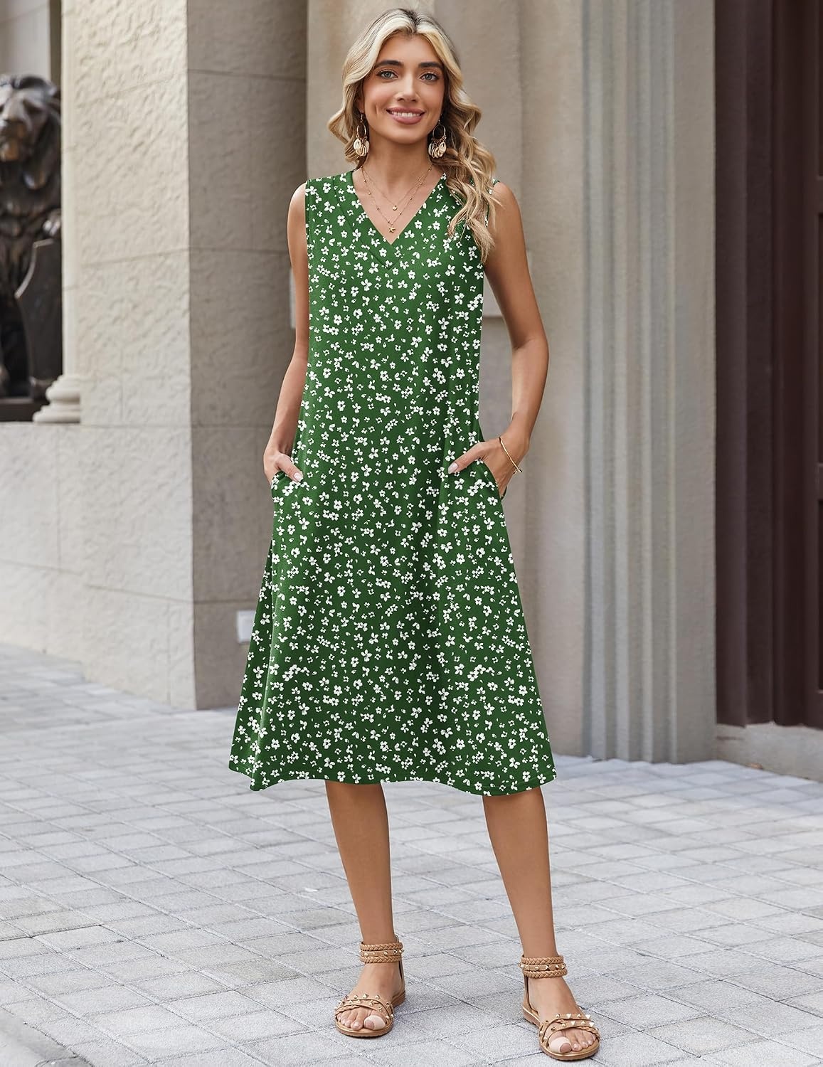 image:imageZeagoo Sundresses Dresses for Women 2026 Summer Sleeveless V Neck Casual Midi Tank Beach Vacation Dresses with PocketsXh527