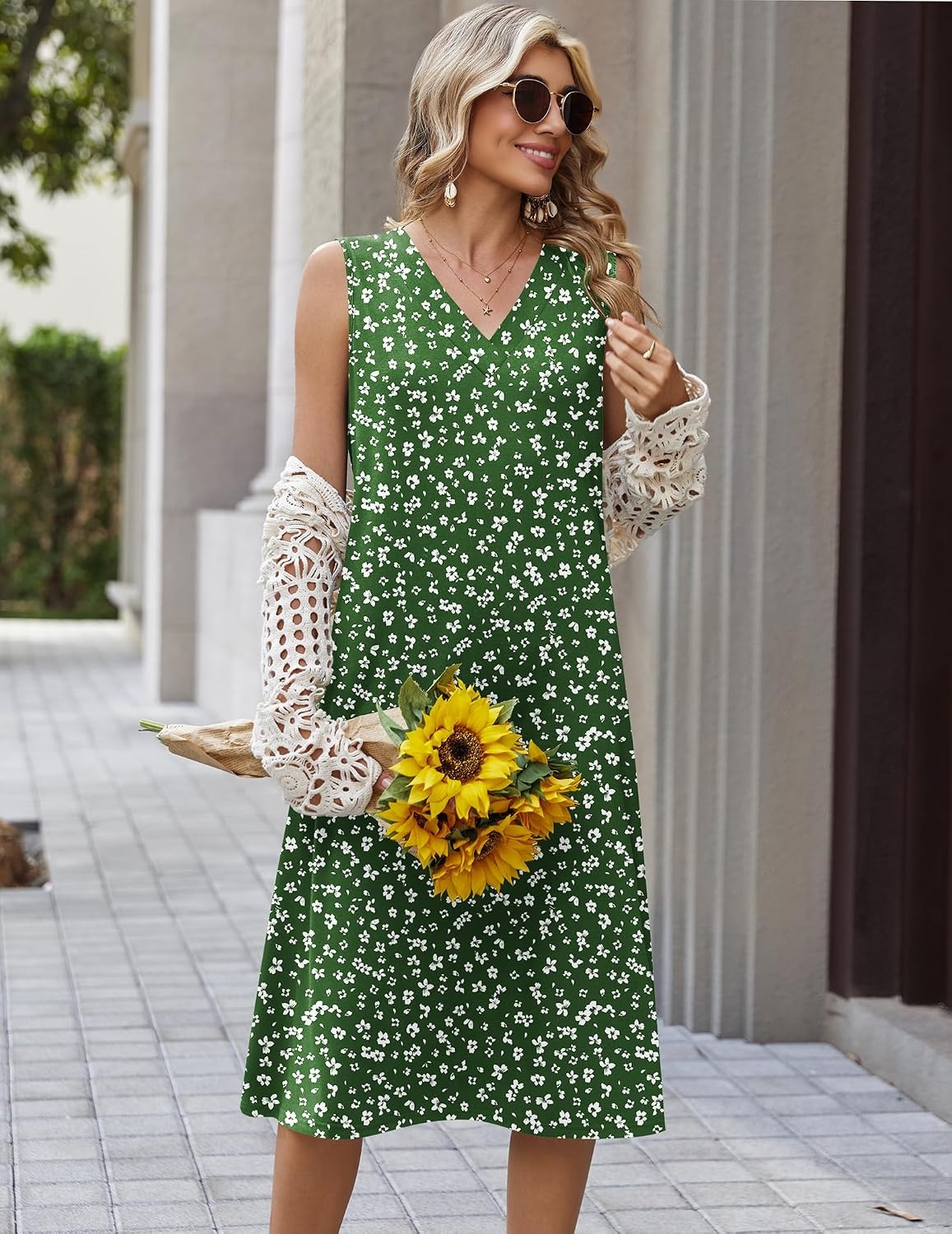 image:imageZeagoo Sundresses Dresses for Women 2026 Summer Sleeveless V Neck Casual Midi Tank Beach Vacation Dresses with PocketsXh527