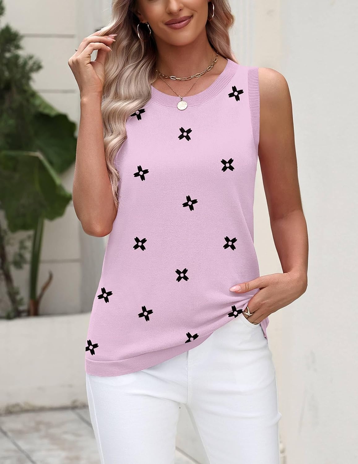 image:imageZeagoo Tank Top for Women 2026 Loose Fit Casual Knit Fall SweatersFlower Pink