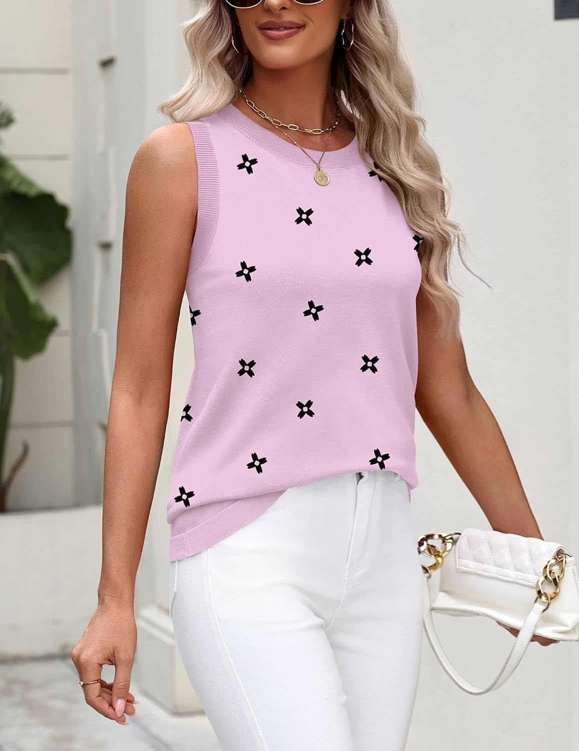 image:imageZeagoo Tank Top for Women 2026 Loose Fit Casual Knit Fall SweatersFlower Pink