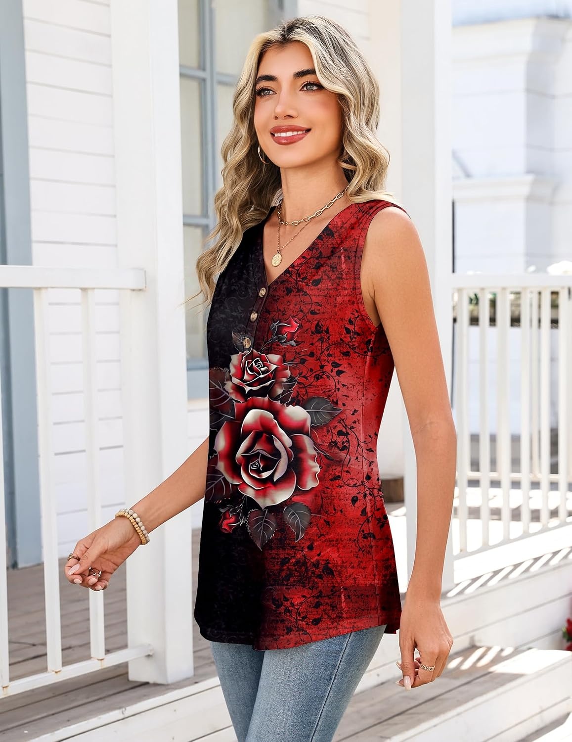image:imageZeagoo Tank Tops for Women 2026 Summer Top Henley Shirts Dressy Casual Loose Fit VNeck Button Down Sleeveless Tshirt BlouseBf309