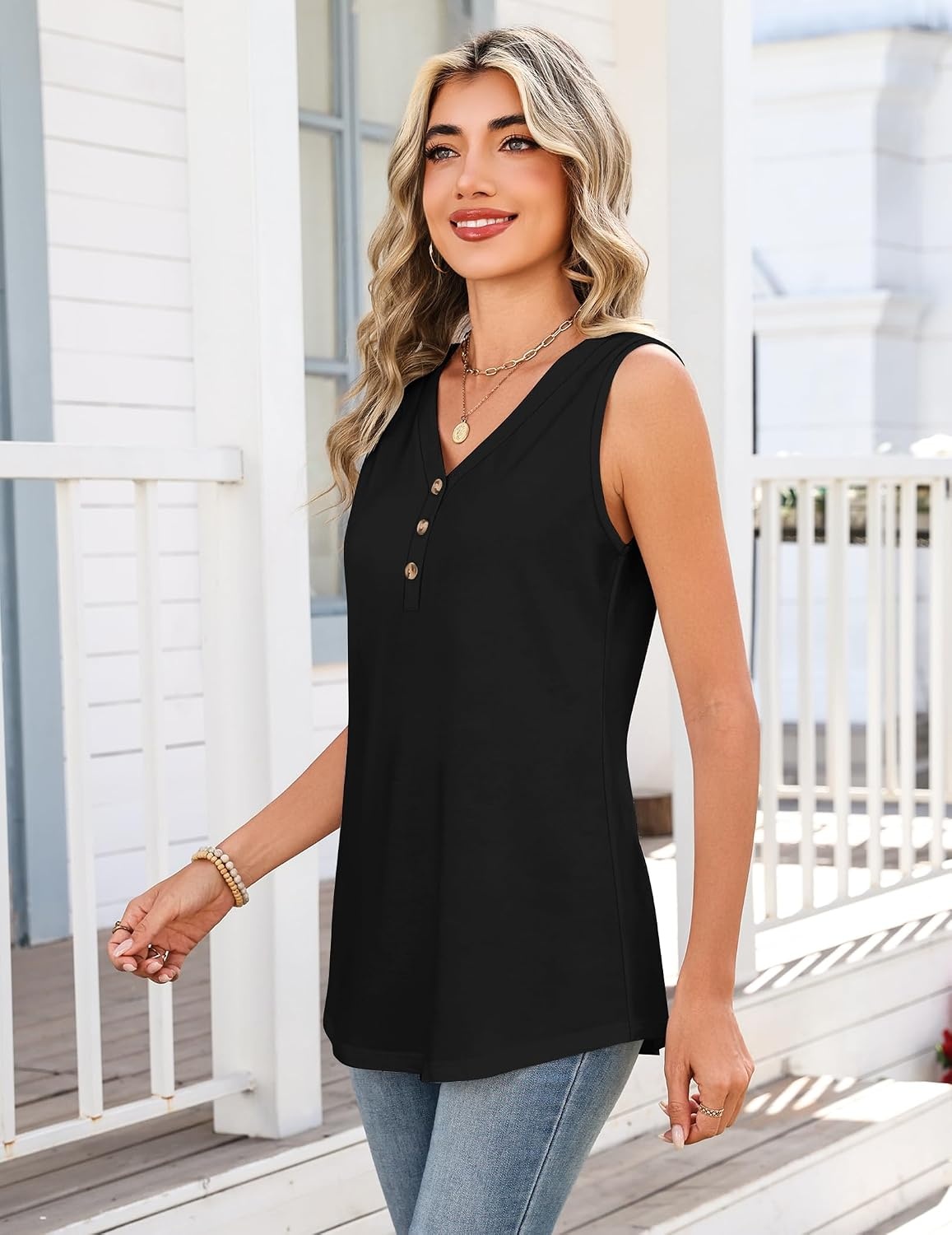 image:imageZeagoo Tank Tops for Women 2026 Summer Top Henley Shirts Dressy Casual Loose Fit VNeck Button Down Sleeveless Tshirt BlouseBlack