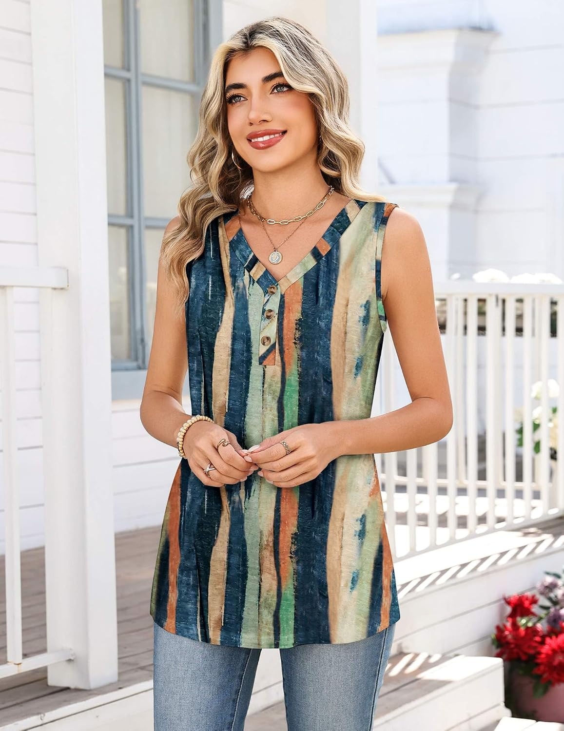 image:imageZeagoo Tank Tops for Women 2026 Summer Top Henley Shirts Dressy Casual Loose Fit VNeck Button Down Sleeveless Tshirt BlouseCx289