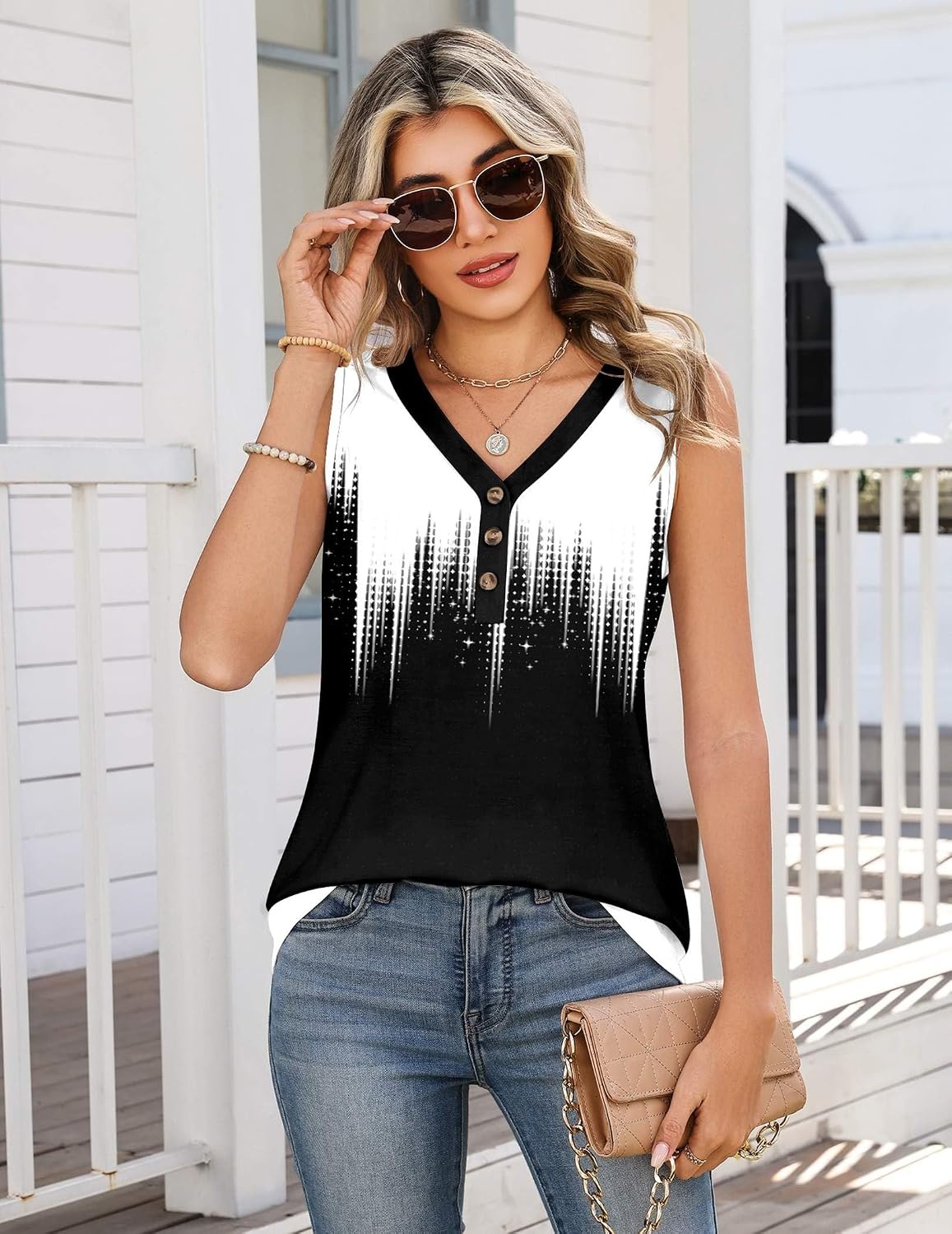 image:imageZeagoo Tank Tops for Women 2026 Summer Top Henley Shirts Dressy Casual Loose Fit VNeck Button Down Sleeveless Tshirt BlouseJb204
