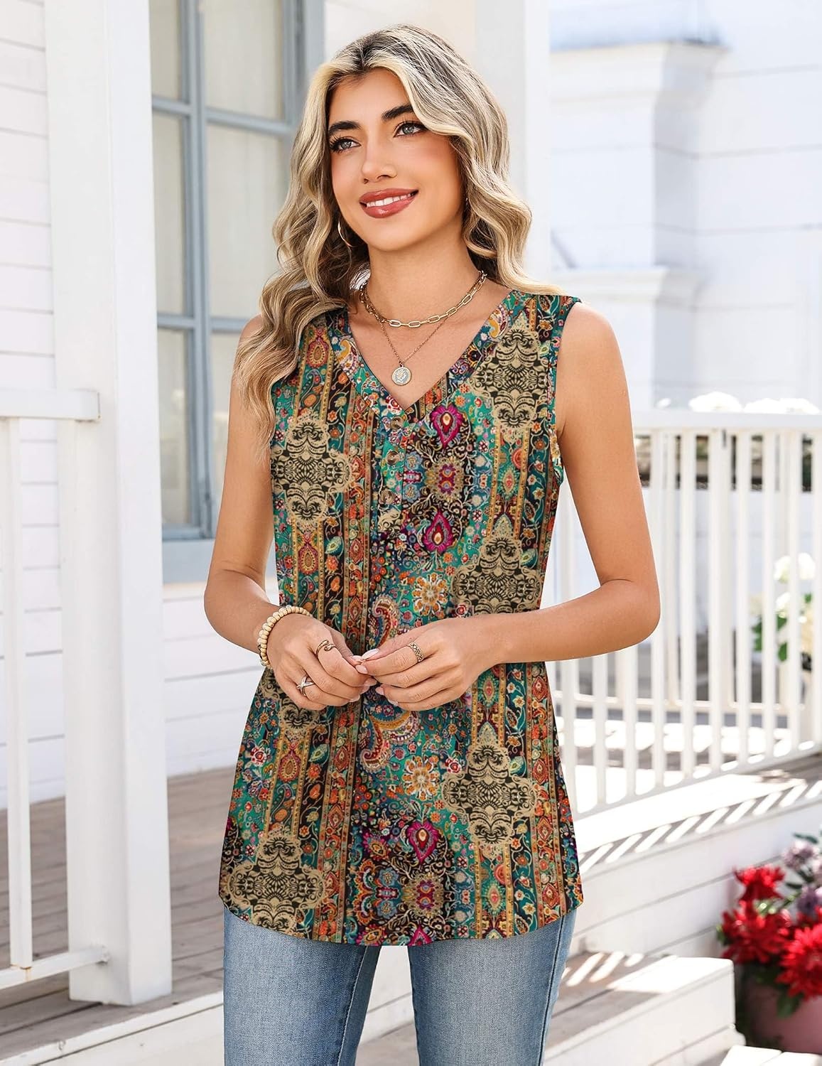 image:imageZeagoo Tank Tops for Women 2026 Summer Top Henley Shirts Dressy Casual Loose Fit VNeck Button Down Sleeveless Tshirt BlouseMz721