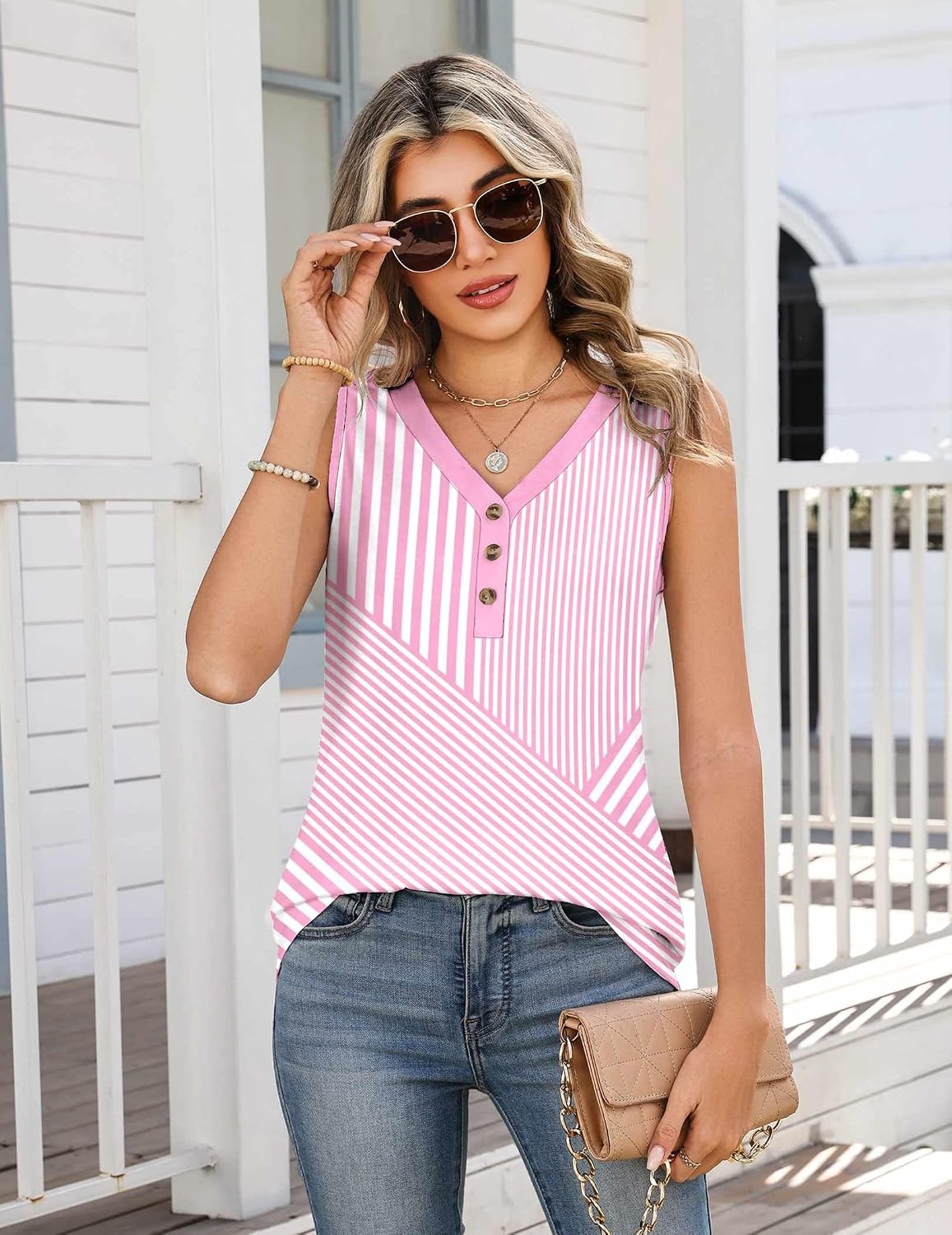image:imageZeagoo Tank Tops for Women 2026 Summer Top Henley Shirts Dressy Casual Loose Fit VNeck Button Down Sleeveless Tshirt BlouseTz300