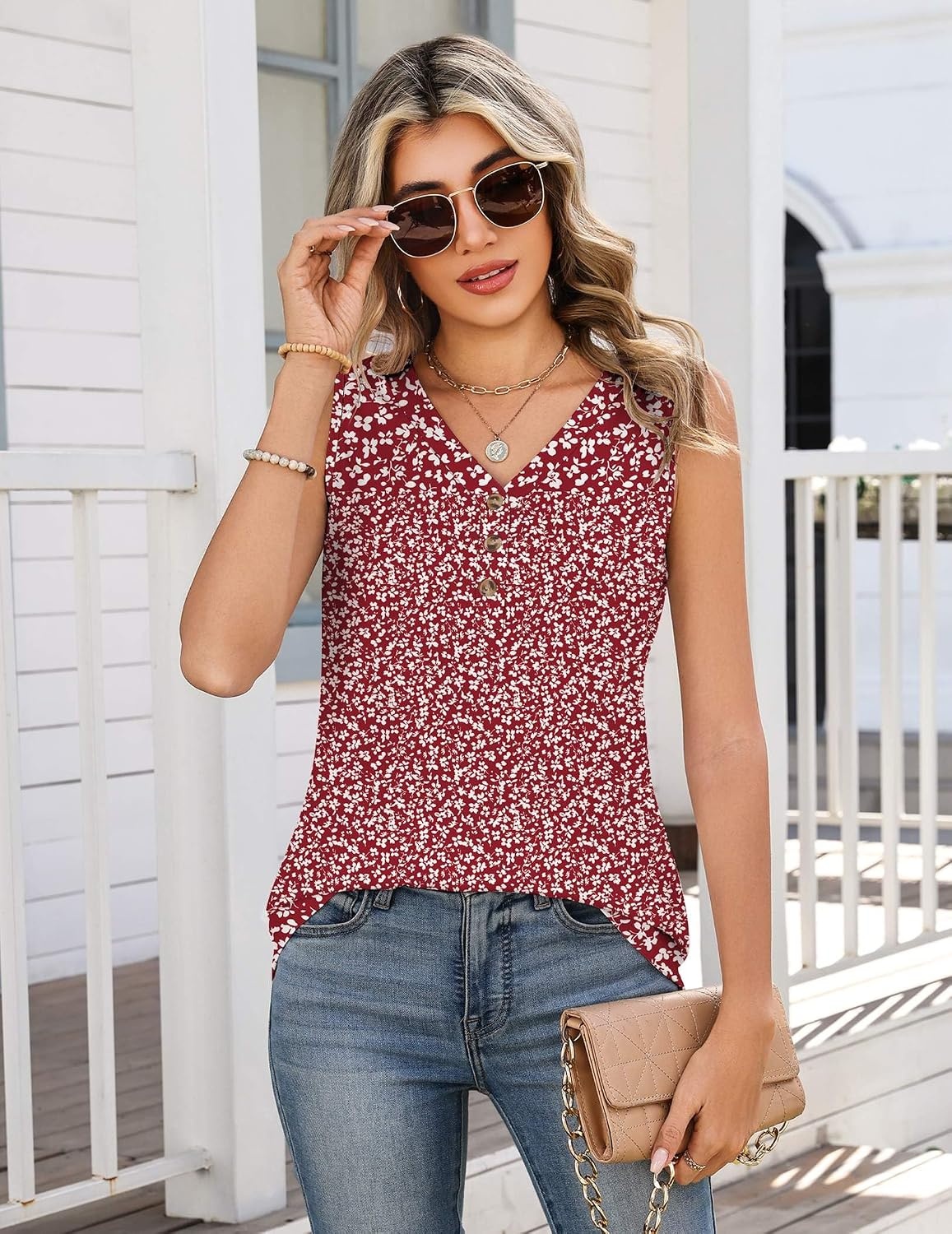 image:imageZeagoo Tank Tops for Women 2026 Summer Top Henley Shirts Dressy Casual Loose Fit VNeck Button Down Sleeveless Tshirt BlouseXh555