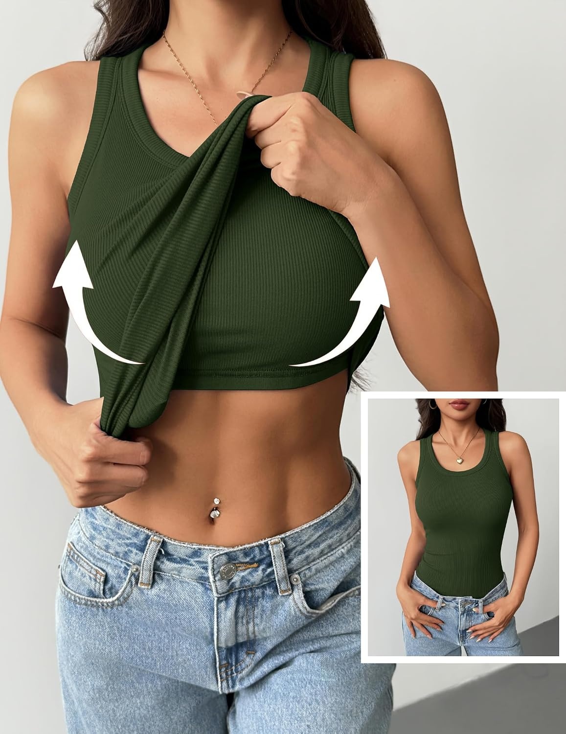 image:imageZeagoo Tank Tops with Built in Bra for Women Sleeveless Ribbed Summer TopsArmy Green