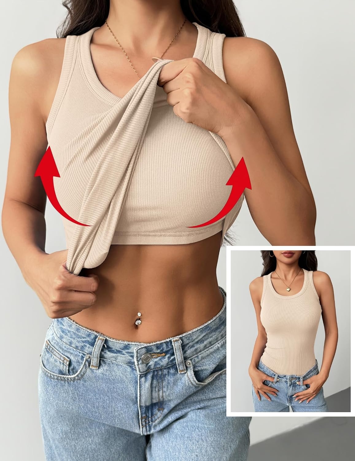 image:imageZeagoo Tank Tops with Built in Bra for Women Sleeveless Ribbed Summer TopsBeige