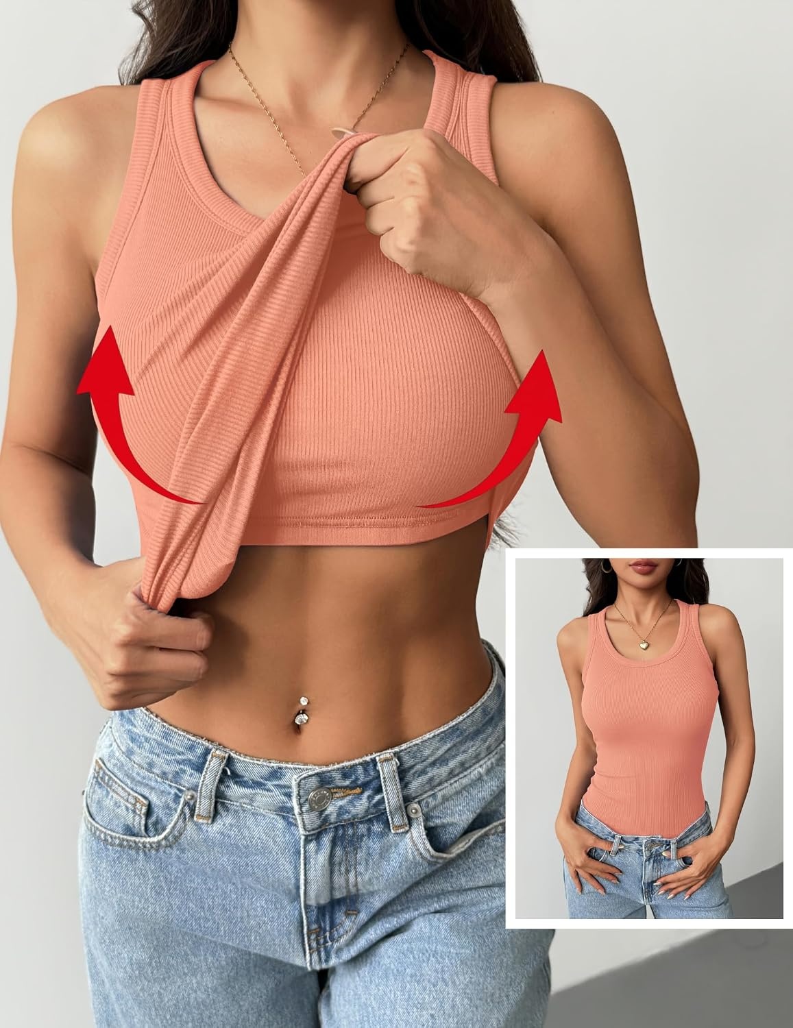 image:imageZeagoo Tank Tops with Built in Bra for Women Sleeveless Ribbed Summer TopsCoral