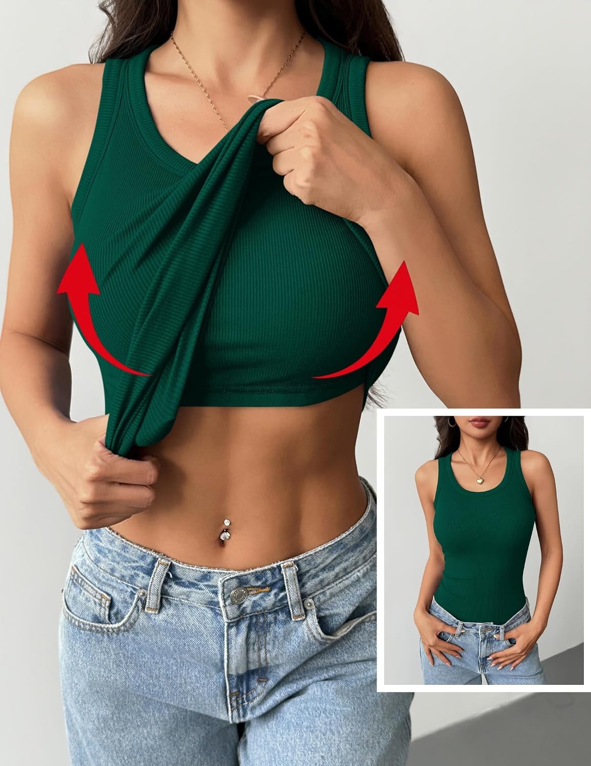 image:imageZeagoo Tank Tops with Built in Bra for Women Sleeveless Ribbed Summer TopsDark Green
