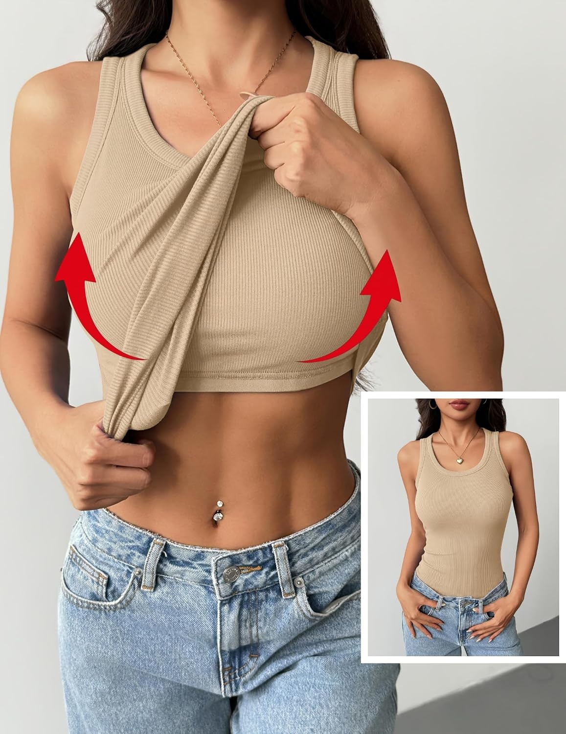 image:imageZeagoo Tank Tops with Built in Bra for Women Sleeveless Ribbed Summer TopsKhaki