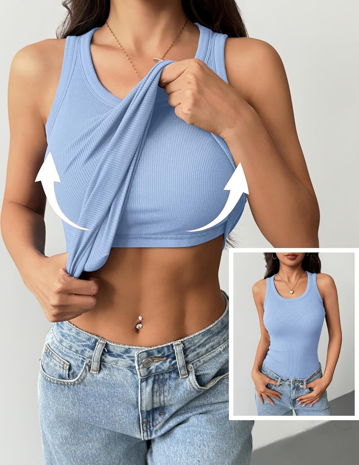 image:imageZeagoo Tank Tops with Built in Bra for Women Sleeveless Ribbed Summer TopsLight Blue