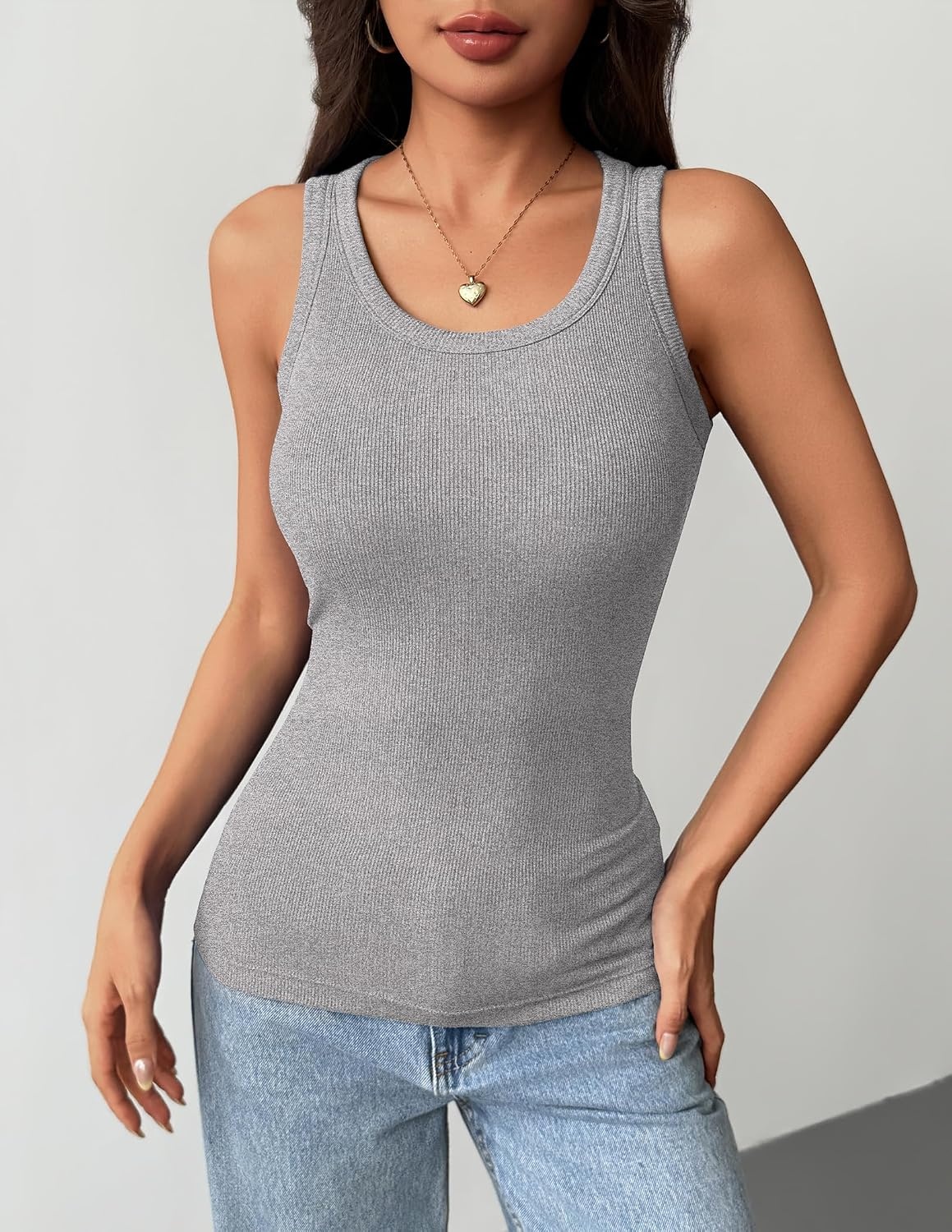 image:imageZeagoo Tank Tops with Built in Bra for Women Sleeveless Ribbed Summer TopsLight Grey