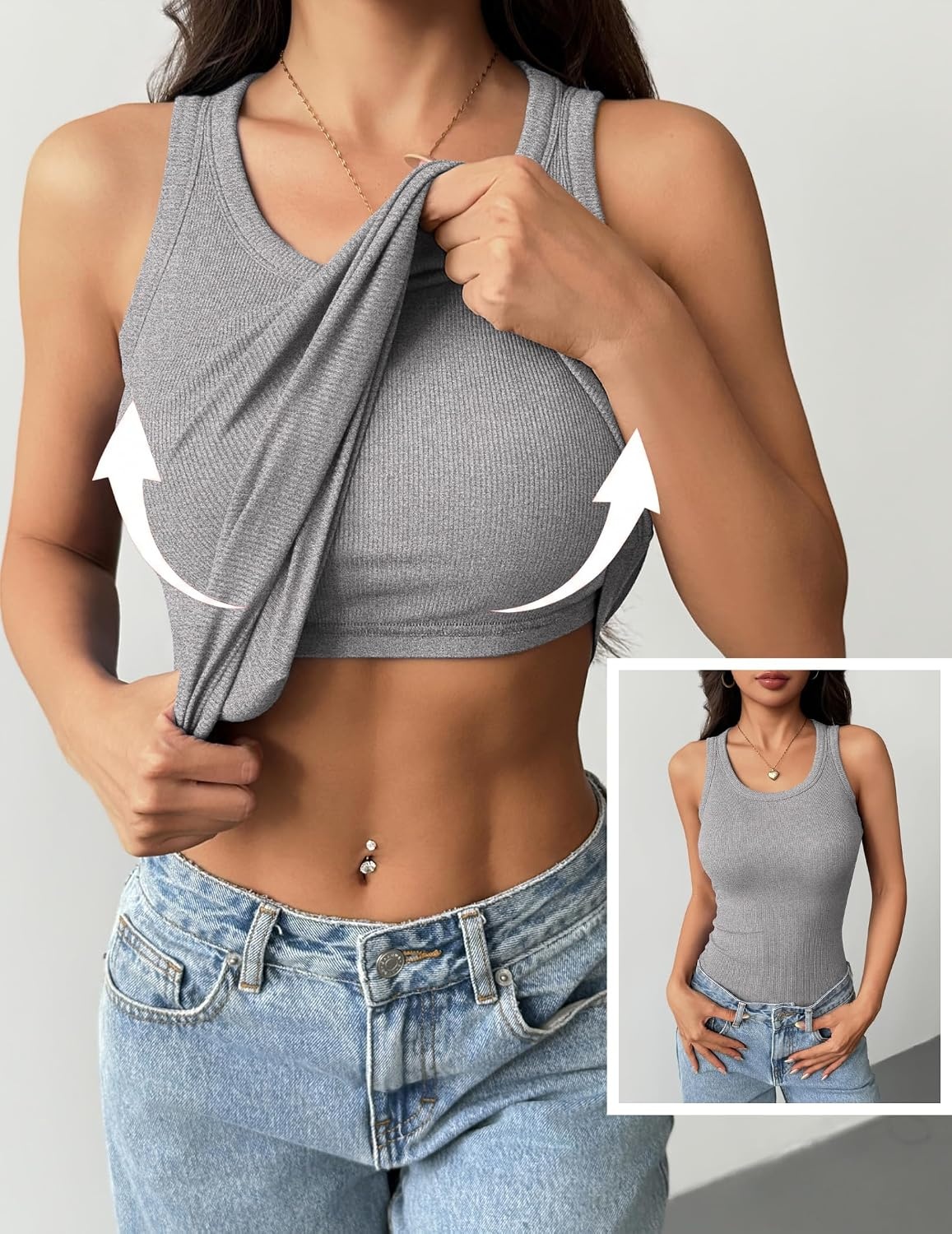 image:imageZeagoo Tank Tops with Built in Bra for Women Sleeveless Ribbed Summer TopsLight Grey